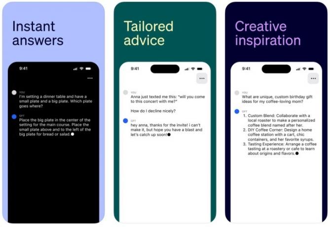 Tre olika skärmar från den officiella iOS-appen.