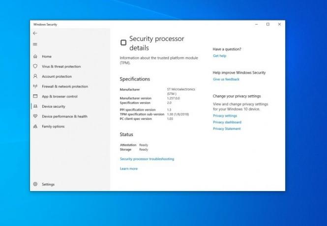 Windows 10 drošības izvēlne.