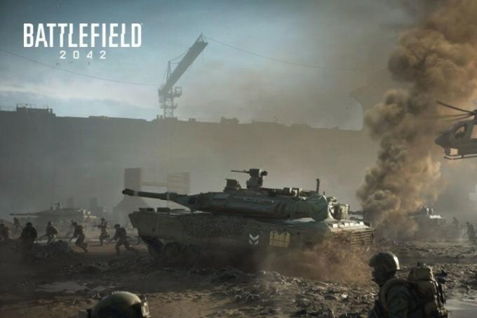 「バトルフィールド 2042」のスクリーンショットには、煙を出している戦車が表示されています。