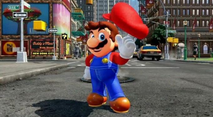 Mario pyörittää hattuaan New Donk Cityn edessä Super Mario Odysseyssa.