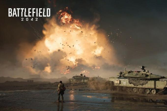 Battlefield 2042 reklāmas mākslā redzams vientuļš karavīrs ar sprādzienu.
